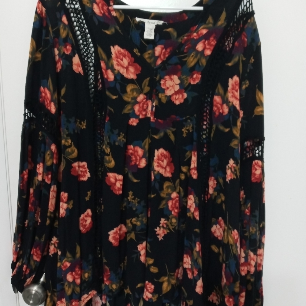 Indigo Thread Co. Women's Floral/Mesh Tunic Blouse Puffy Long Sleeve